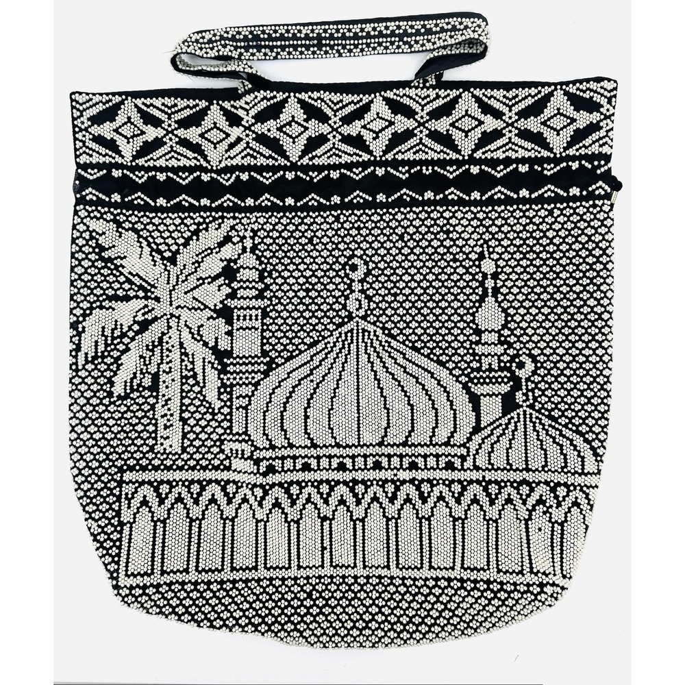 Vintage Taj Mahal India White Seed Beaded Black Clutch India Purse Clutch Light